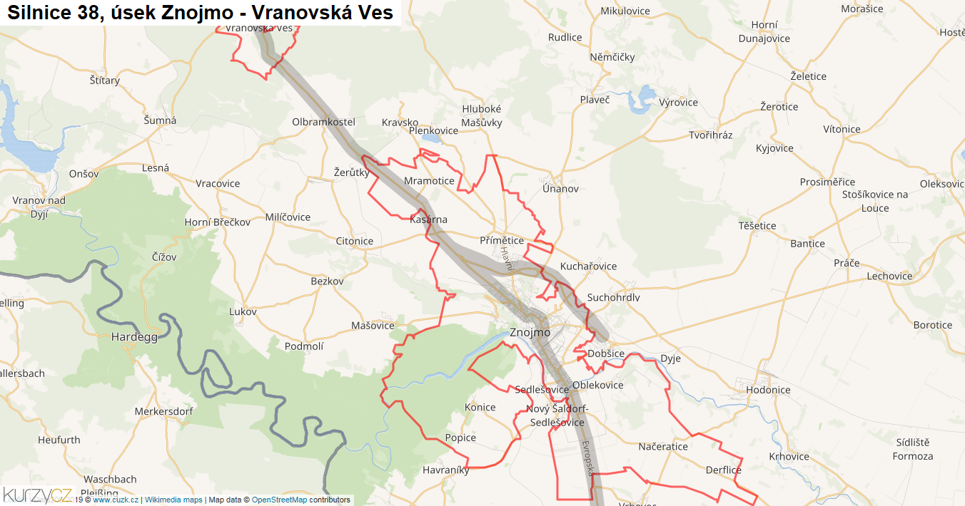 Úsek Znojmo - Vranovská Ves, Silnice 38 - Mapa