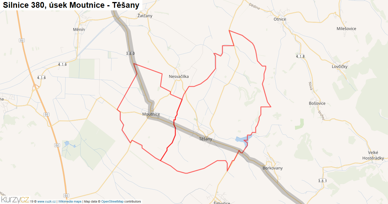 Úsek Moutnice - Těšany, Silnice 380 - Mapa