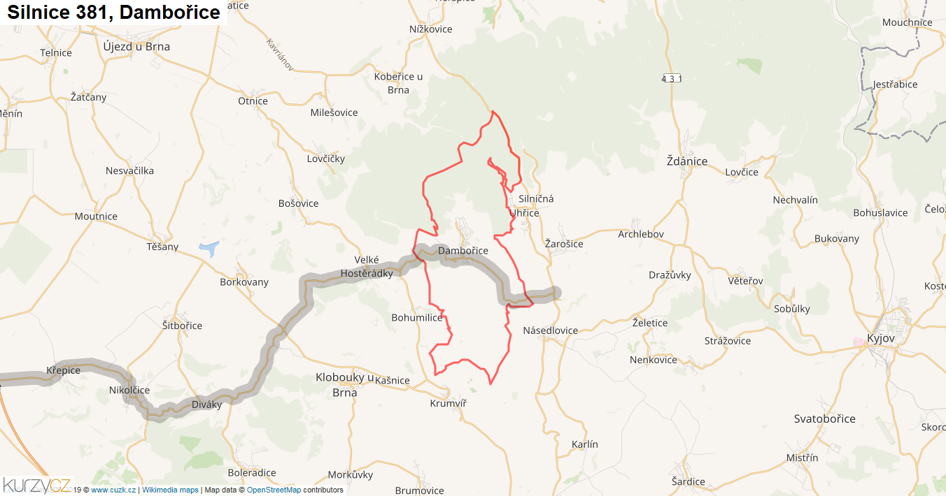Dambořice, Silnice 381 - Mapa