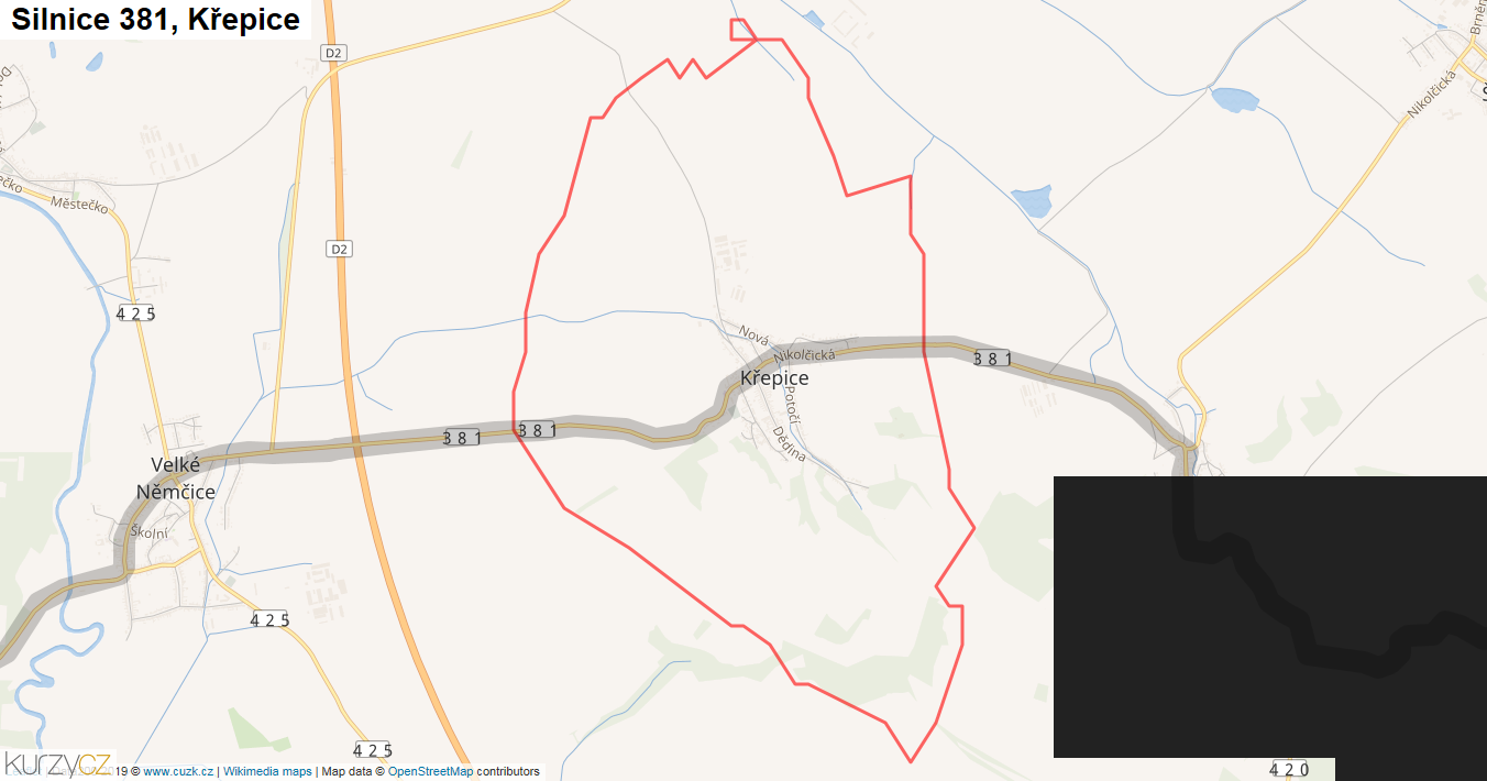 Křepice, Silnice 381 - Mapa
