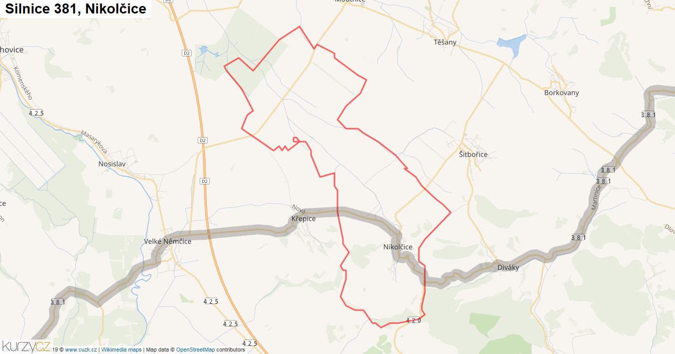 Nikolčice, Silnice 381 - Mapa