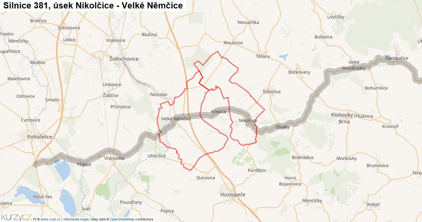 Úsek Nikolčice - Velké Němčice, Silnice 381 - Mapa
