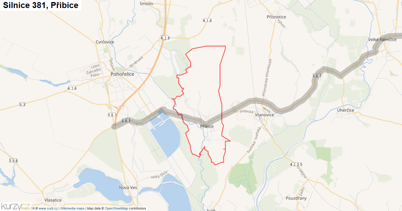 Přibice, Silnice 381 - Mapa