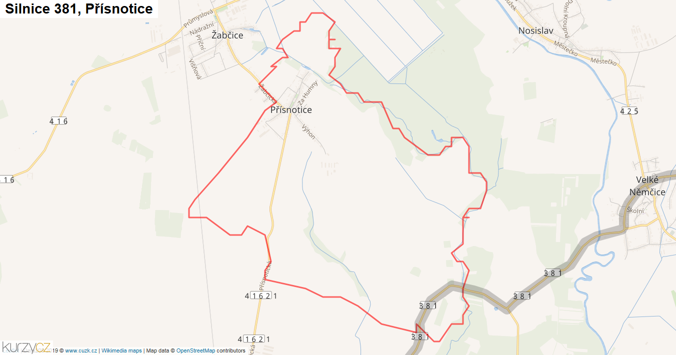 Přísnotice, Silnice 381 - Mapa