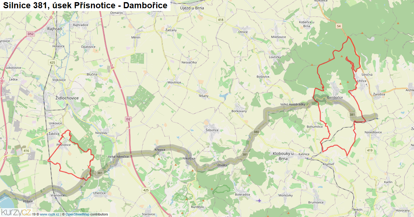 Úsek Přísnotice - Dambořice, Silnice 381 - Mapa