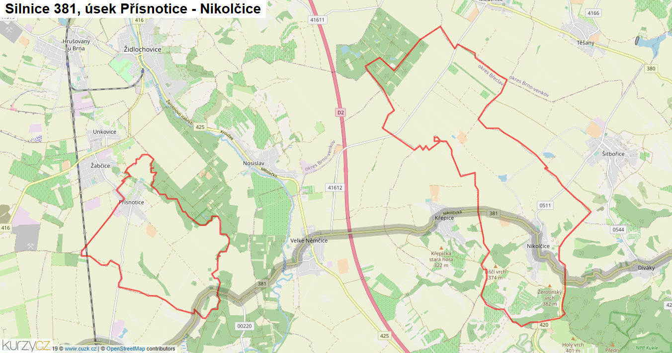 Úsek Přísnotice - Nikolčice, Silnice 381 - Mapa