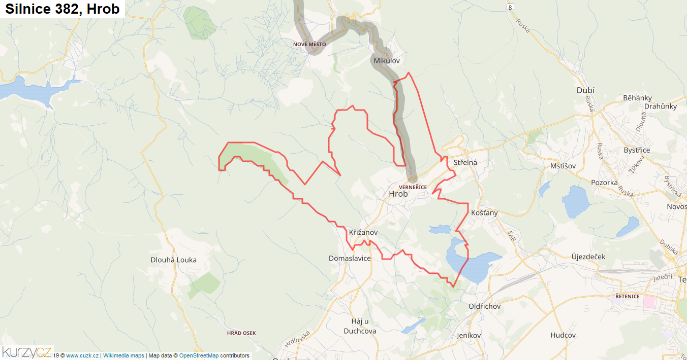 Hrob, Silnice 382 - Mapa
