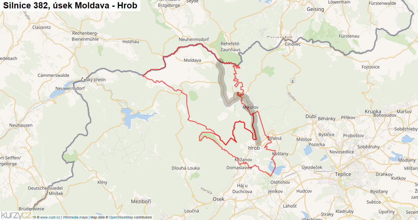 Úsek Moldava - Hrob, Silnice 382 - Mapa