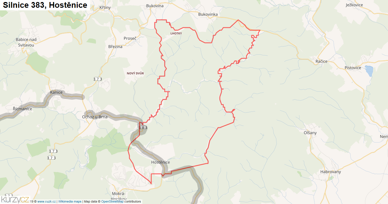 Hostěnice, Silnice 383 - Mapa