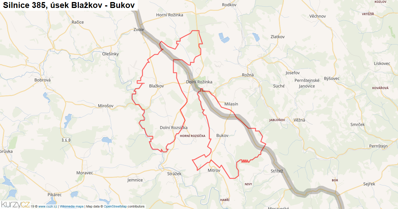 Úsek Blažkov - Bukov, Silnice 385 - Mapa