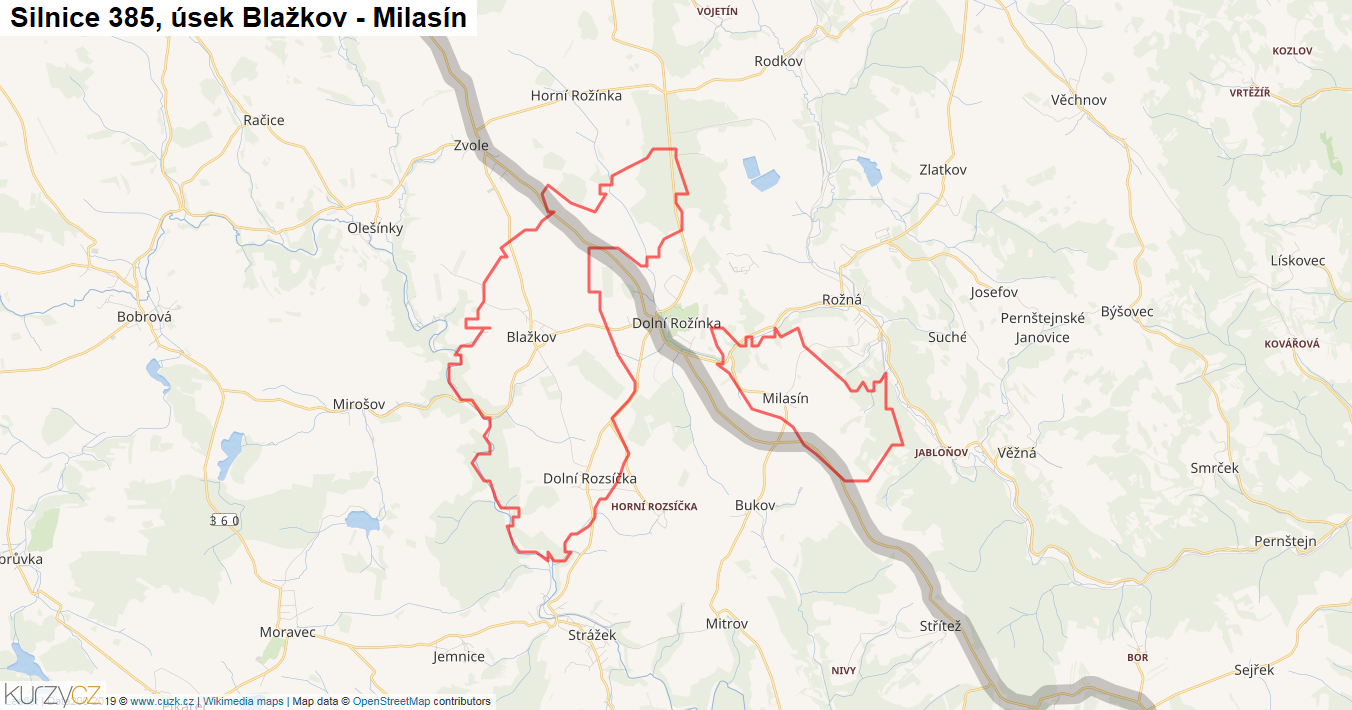 Úsek Blažkov - Milasín, Silnice 385 - Mapa