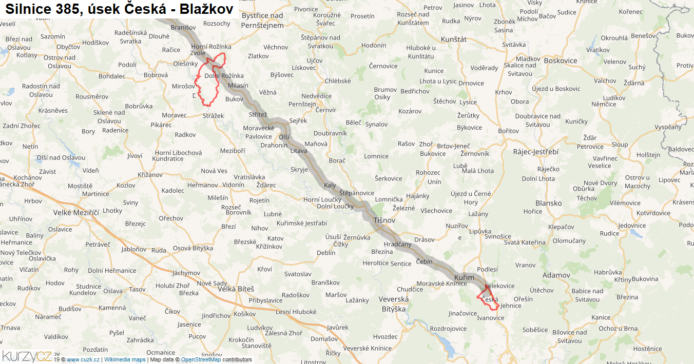 Úsek Česká - Blažkov, Silnice 385 - Mapa