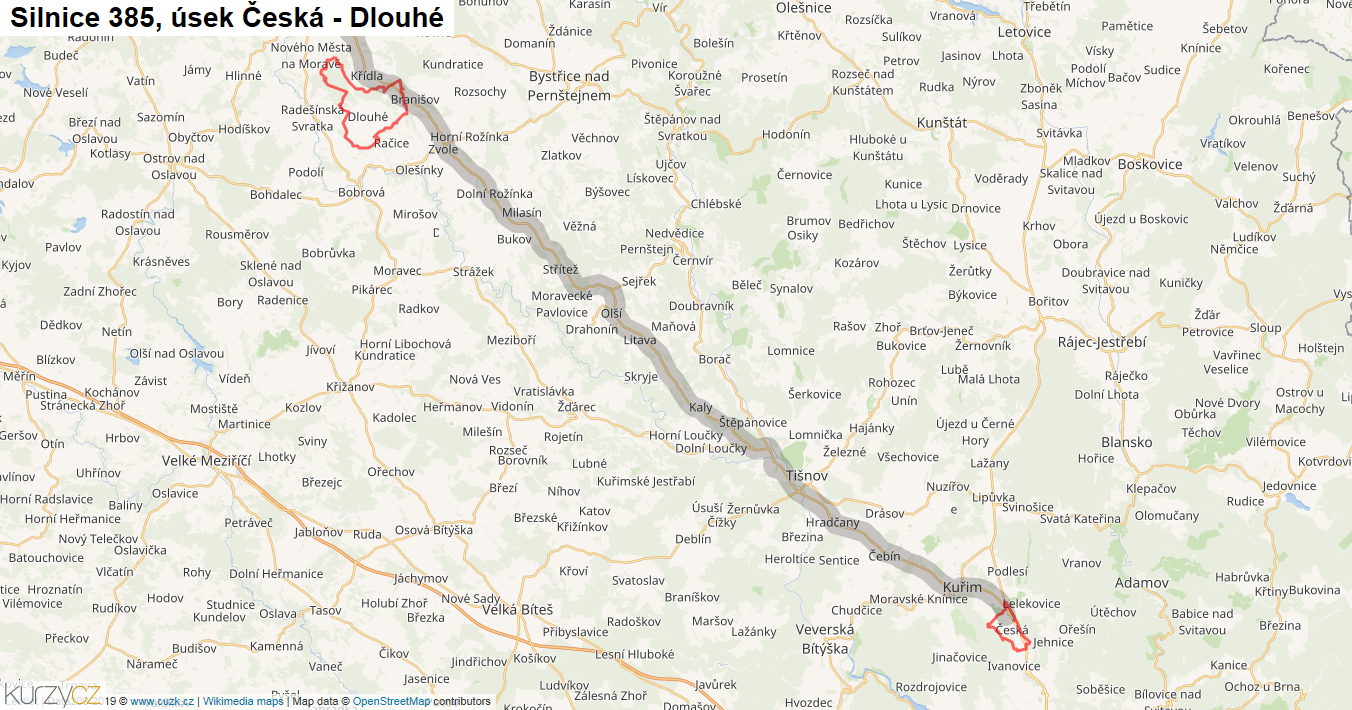 Úsek Česká - Dlouhé, Silnice 385 - Mapa