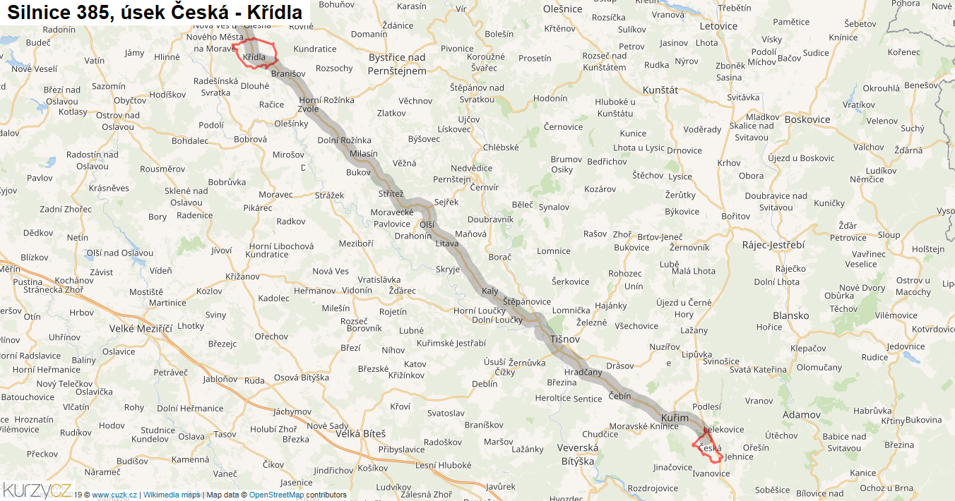 Úsek Česká - Křídla, Silnice 385 - Mapa
