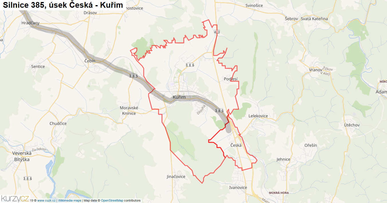 Úsek Česká - Kuřim, Silnice 385 - Mapa