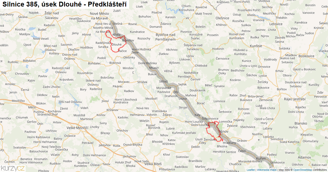Úsek Dlouhé - Předklášteří, Silnice 385 - Mapa