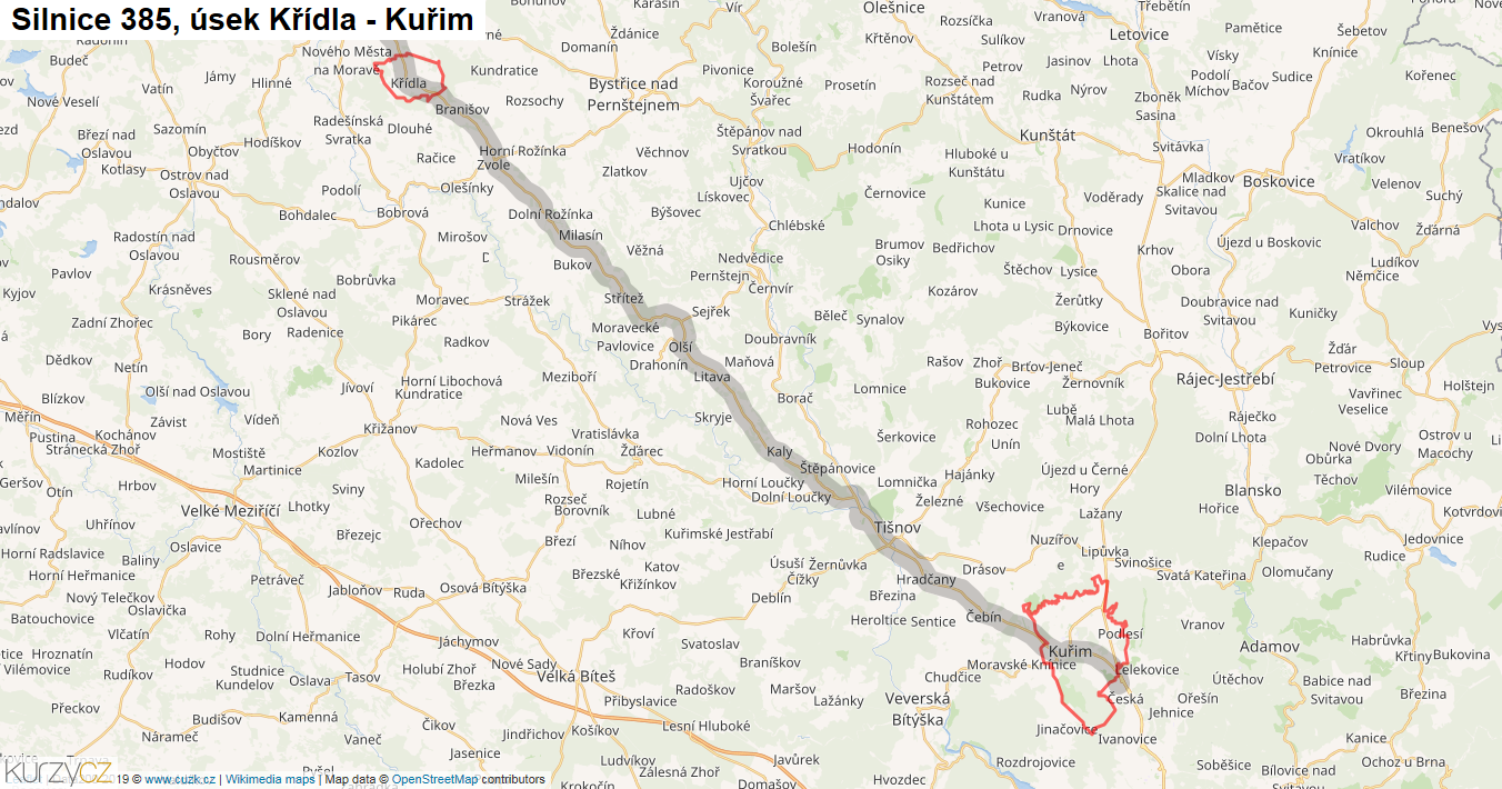 Úsek Křídla - Kuřim, Silnice 385 - Mapa