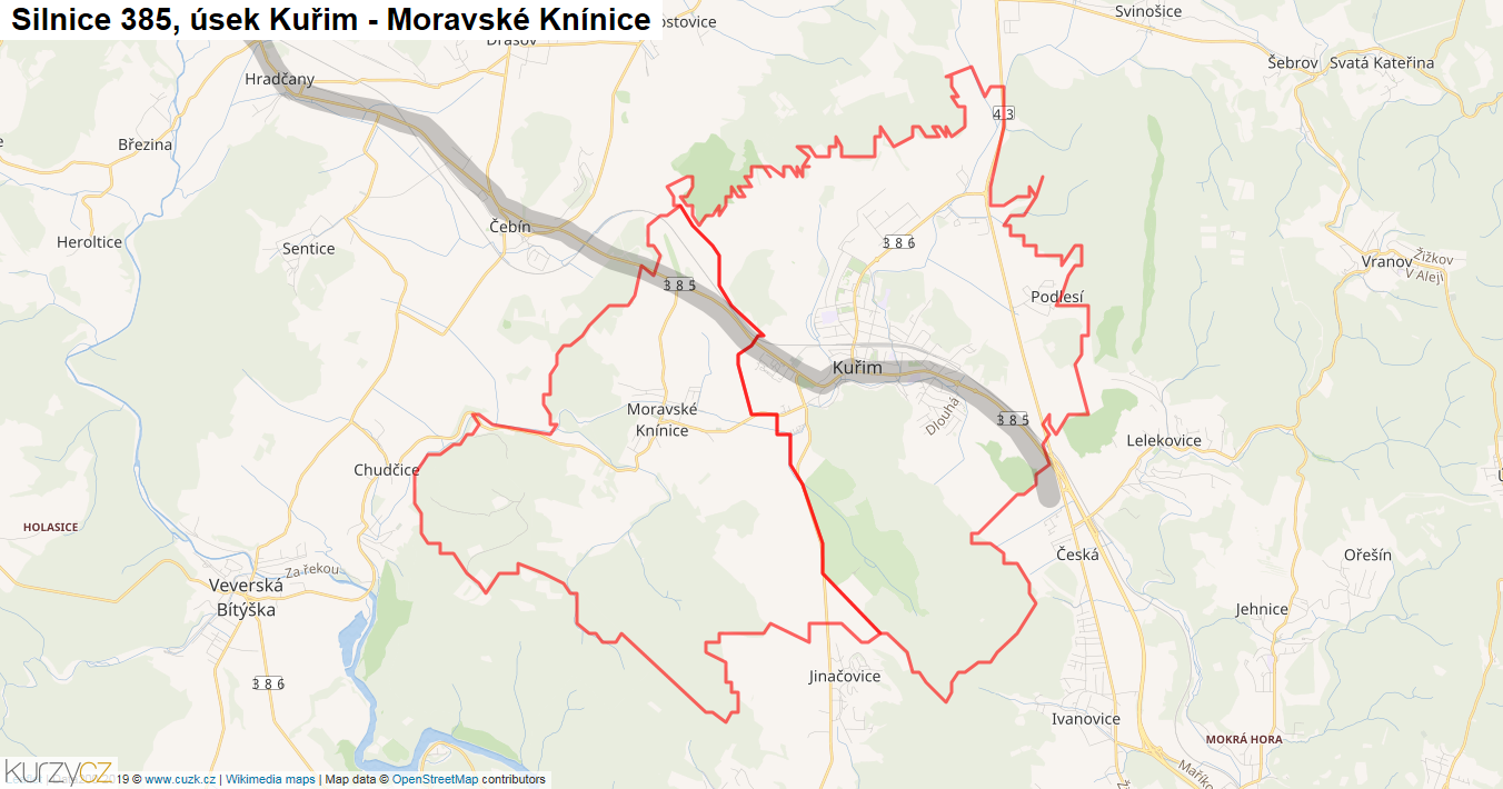 Úsek Kuřim - Moravské Knínice, Silnice 385 - Mapa