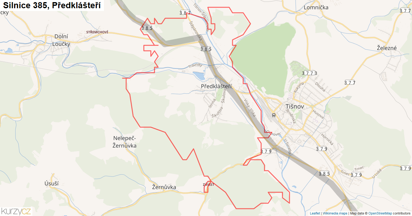 Předklášteří, Silnice 385 - Mapa