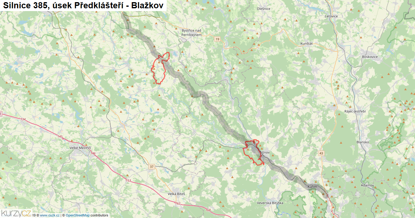Úsek Předklášteří - Blažkov, Silnice 385 - Mapa