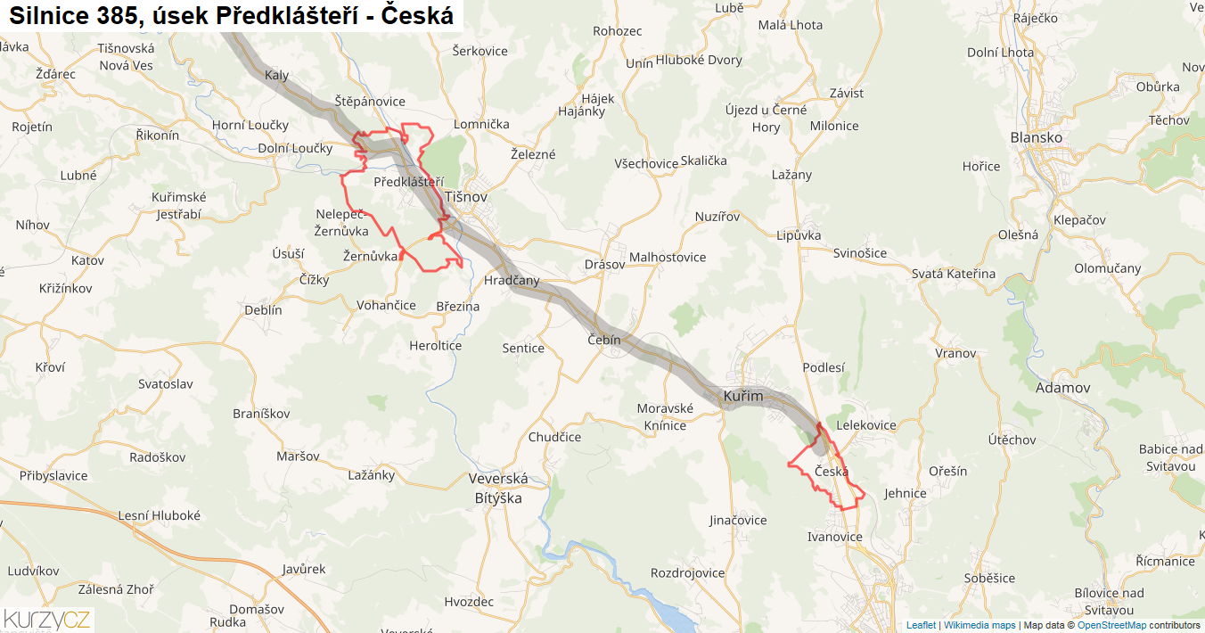 Úsek Předklášteří - Česká, Silnice 385 - Mapa