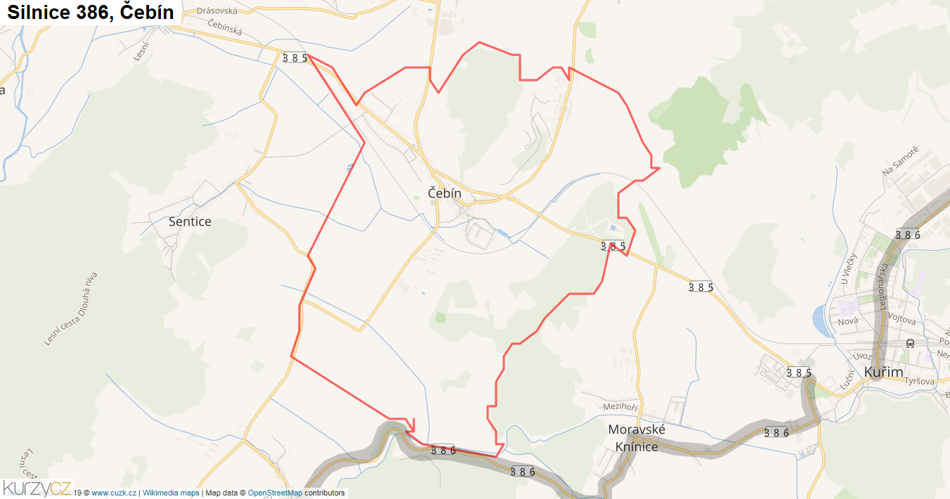 Čebín, Silnice 386 - Mapa