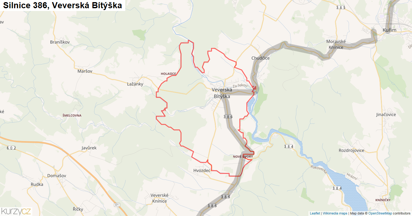 Veverská Bítýška, Silnice 386 - Mapa