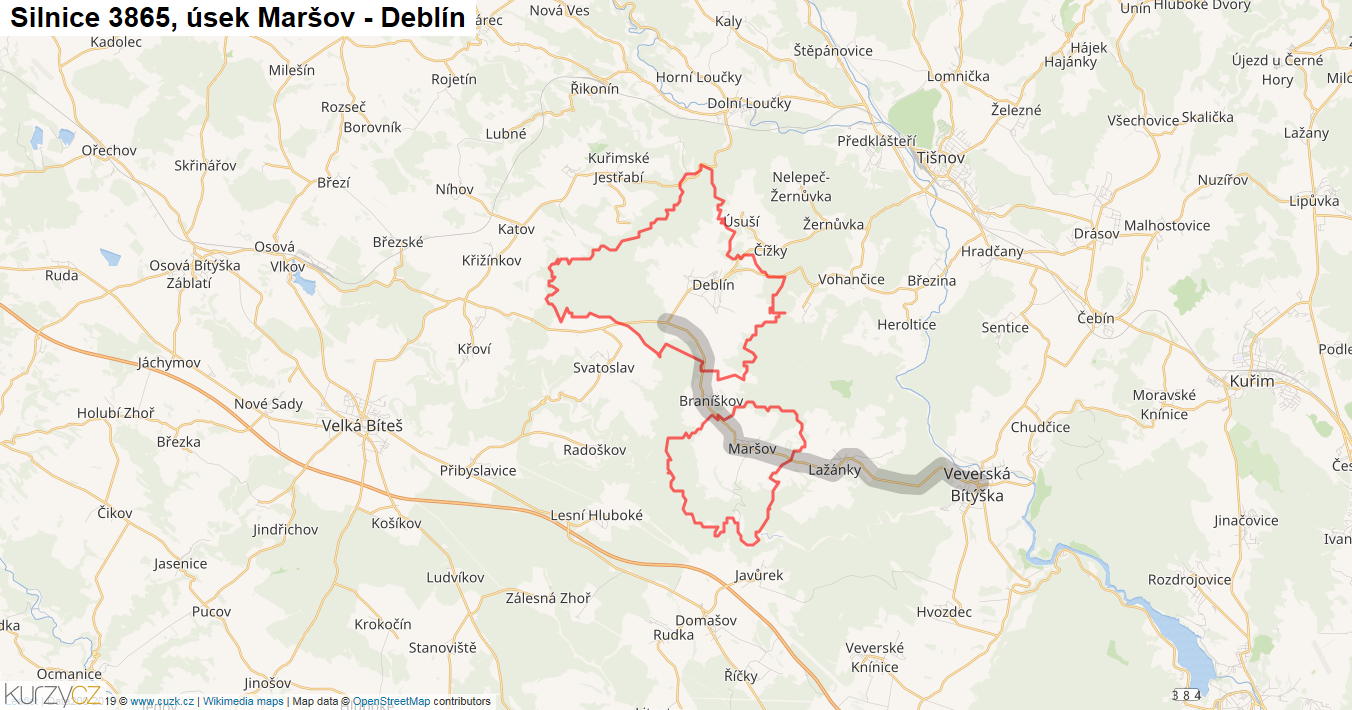 Úsek Maršov - Deblín, Silnice 3865 - Mapa