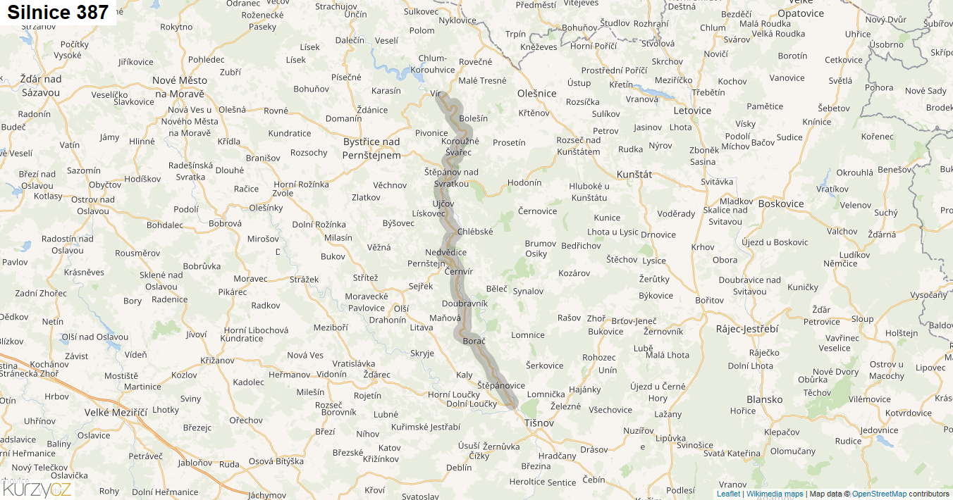 Silnice 387 - mapa Silnice 387