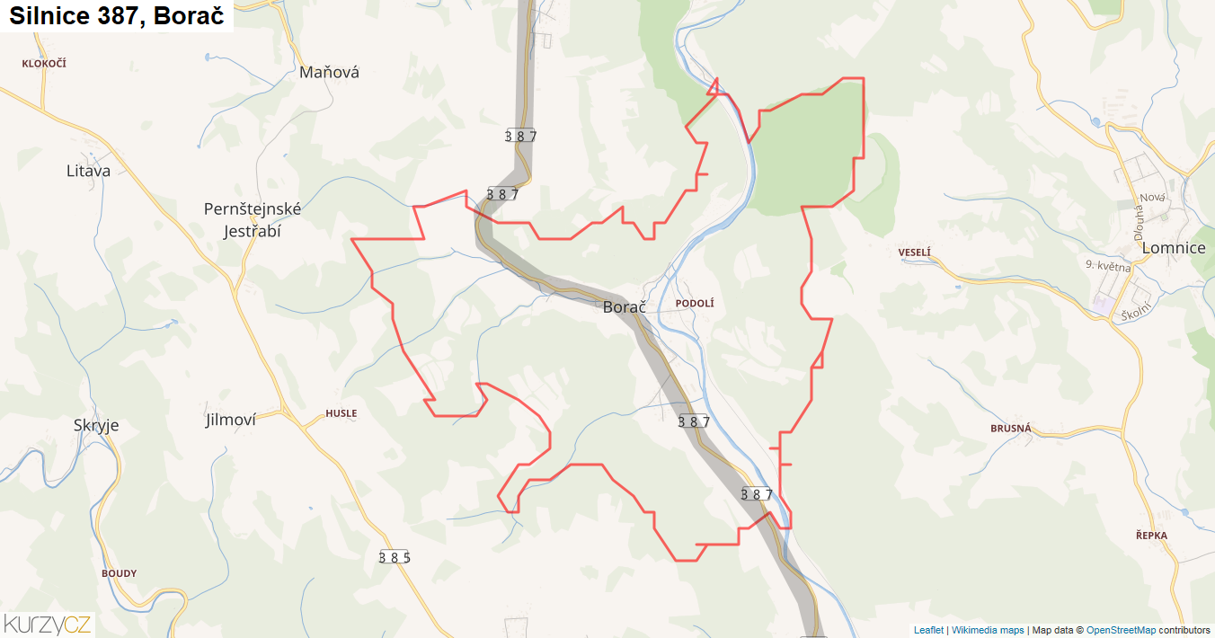 Borač, Silnice 387 - Mapa