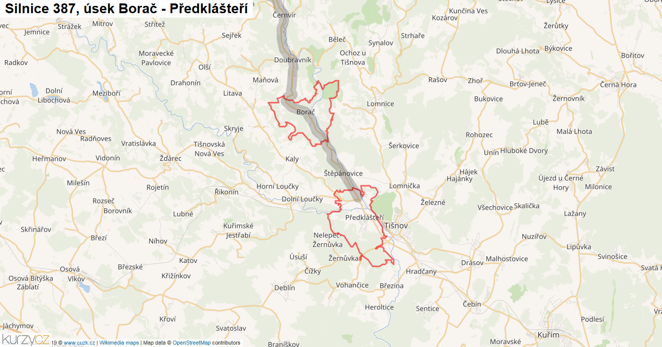 Úsek Borač - Předklášteří, Silnice 387 - Mapa