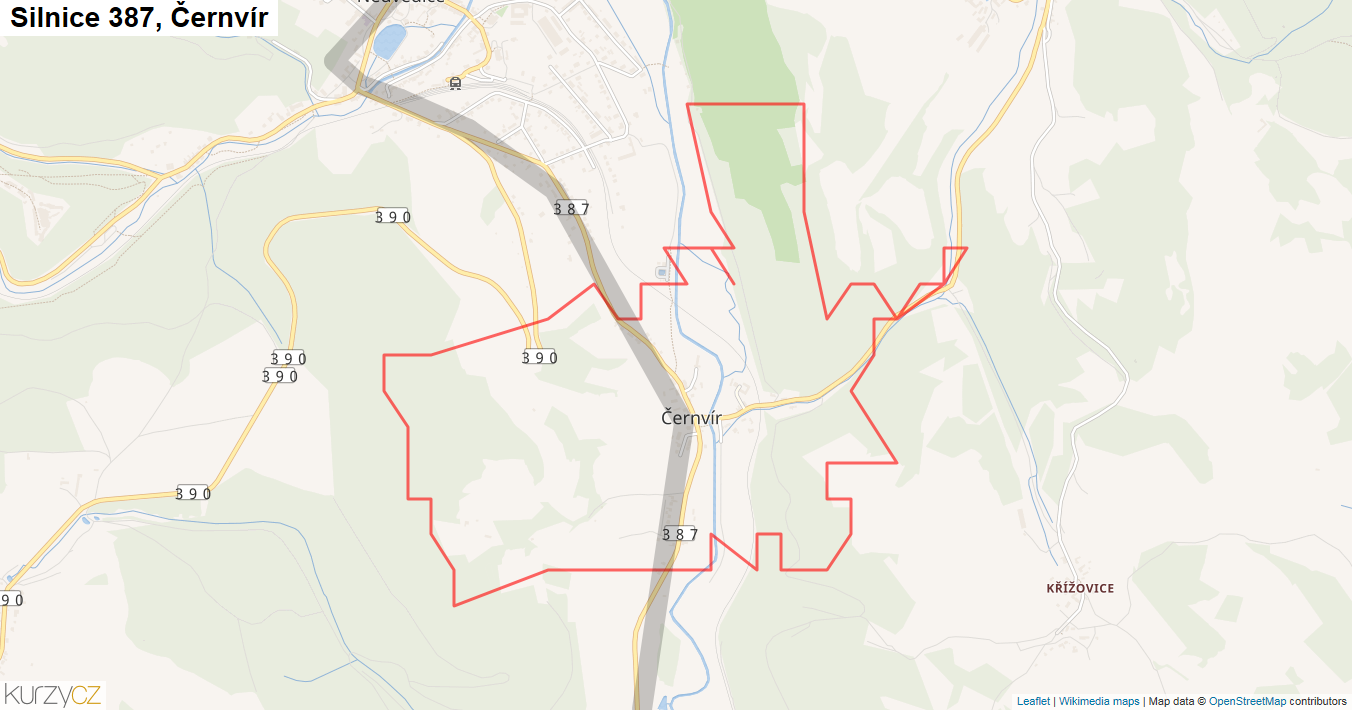 Černvír, Silnice 387 - Mapa