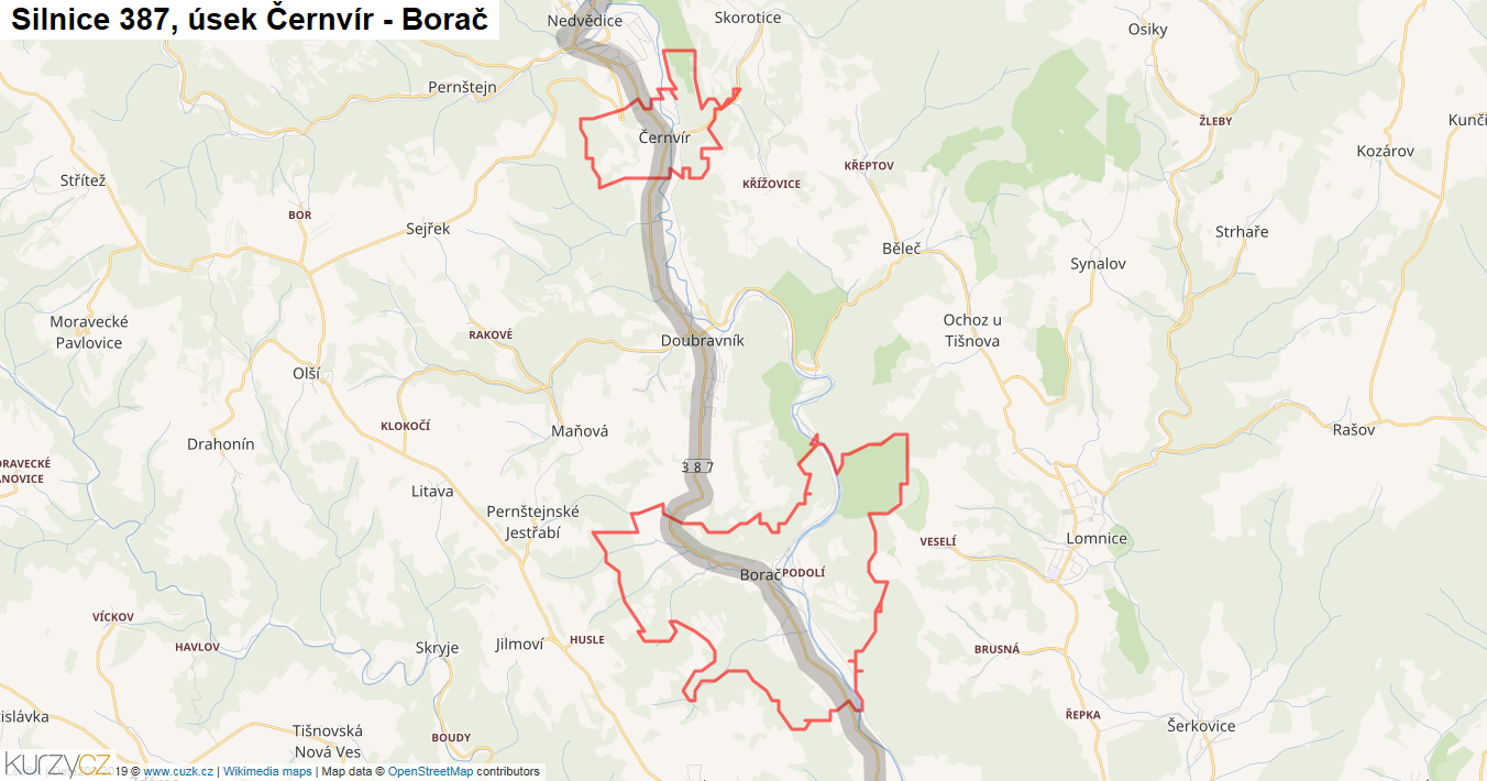 Úsek Černvír - Borač, Silnice 387 - Mapa
