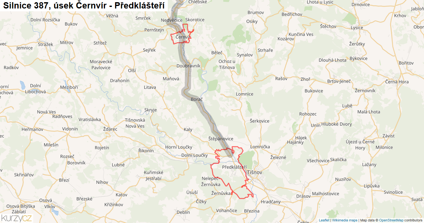 Úsek Černvír - Předklášteří, Silnice 387 - Mapa