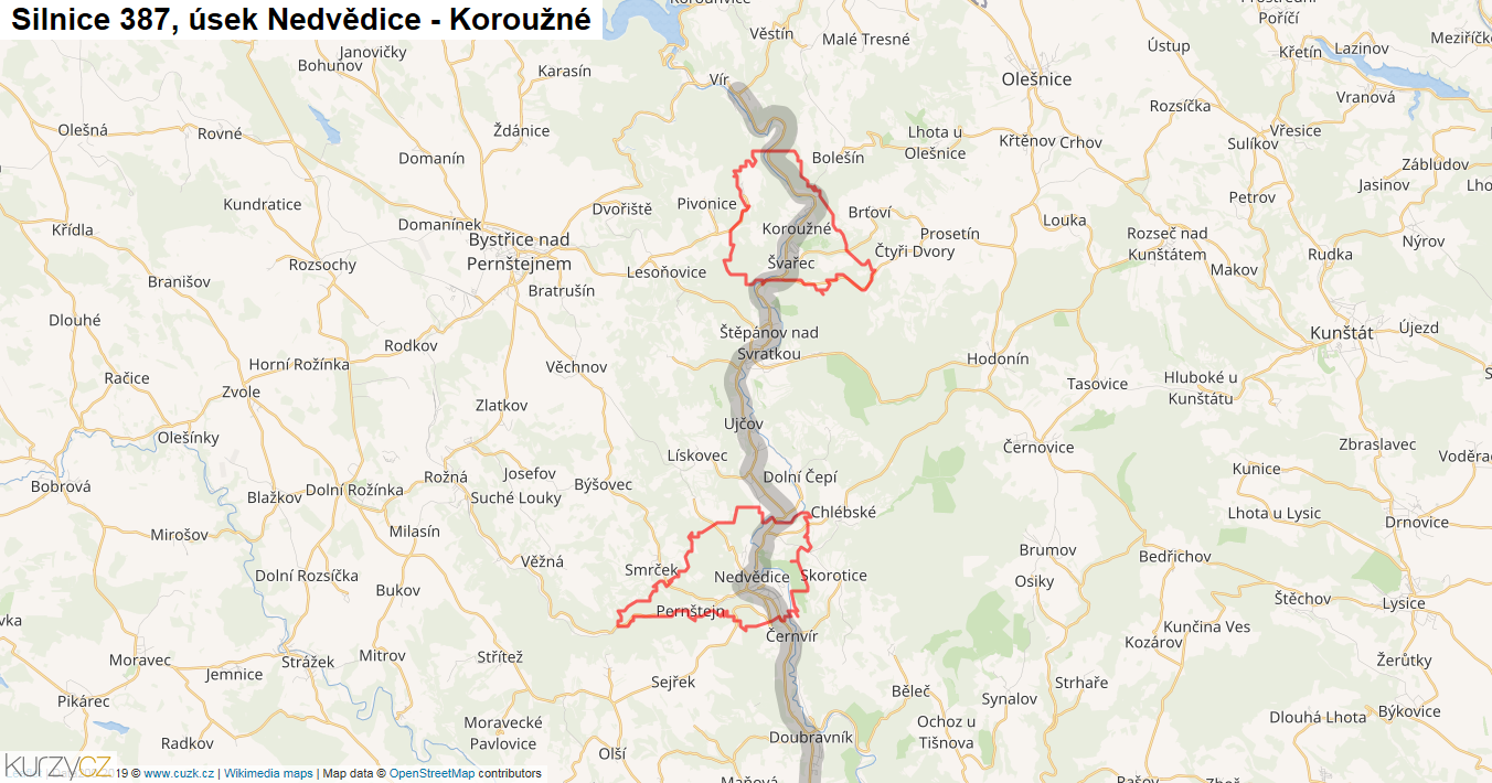 Úsek Nedvědice - Koroužné, Silnice 387 - Mapa
