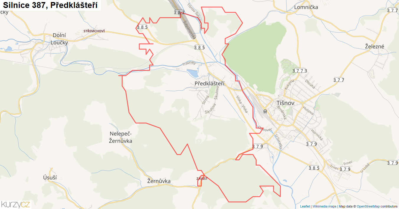 Předklášteří, Silnice 387 - Mapa