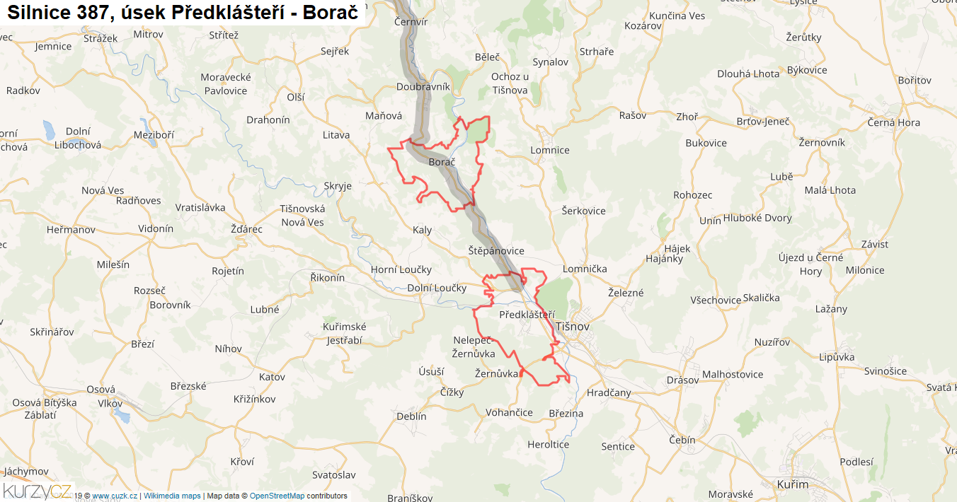 Úsek Předklášteří - Borač, Silnice 387 - Mapa