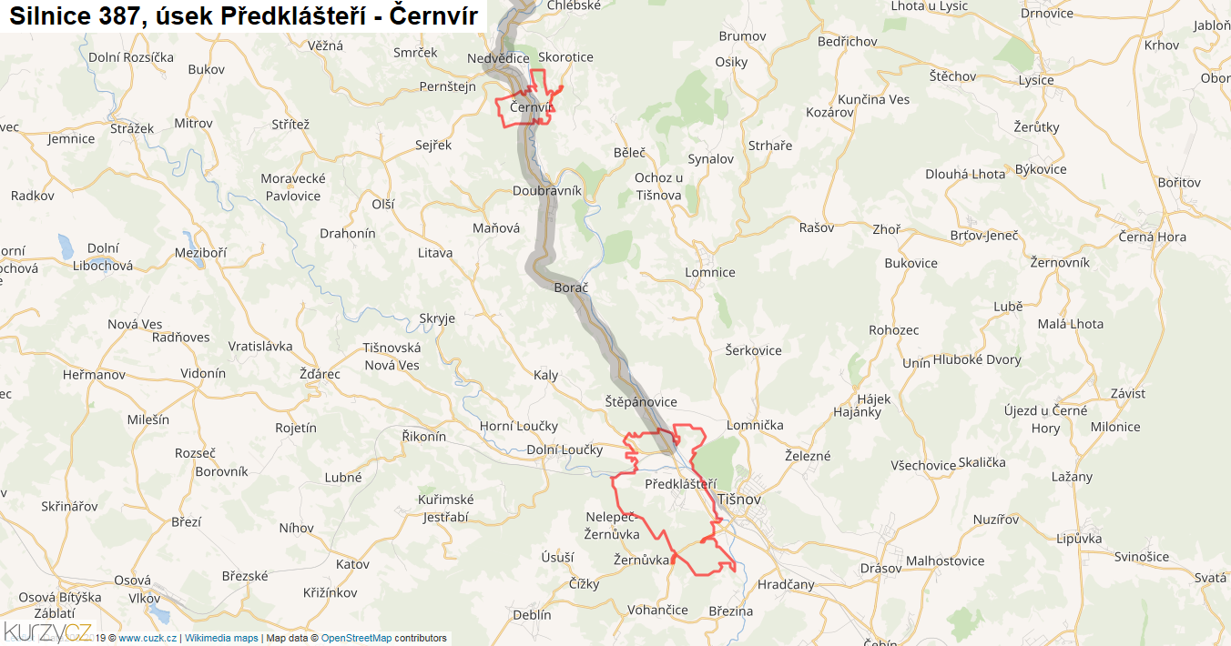 Úsek Předklášteří - Černvír, Silnice 387 - Mapa