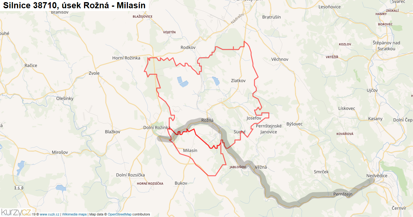 Úsek Rožná - Milasín, Silnice 38710 - Mapa