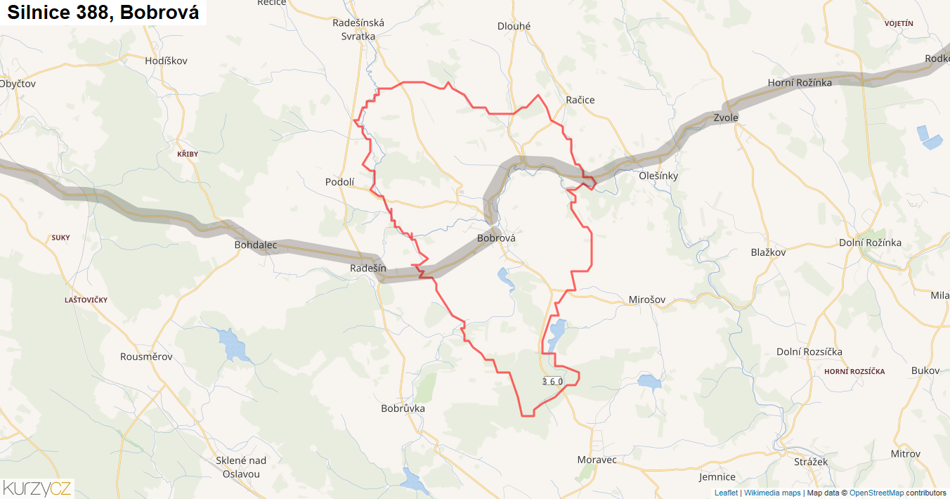 Bobrová, Silnice 388 - Mapa