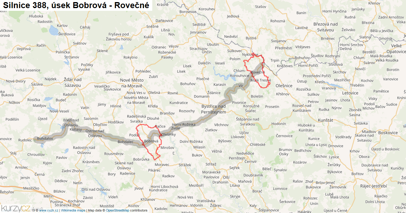 Úsek Bobrová - Rovečné, Silnice 388 - Mapa