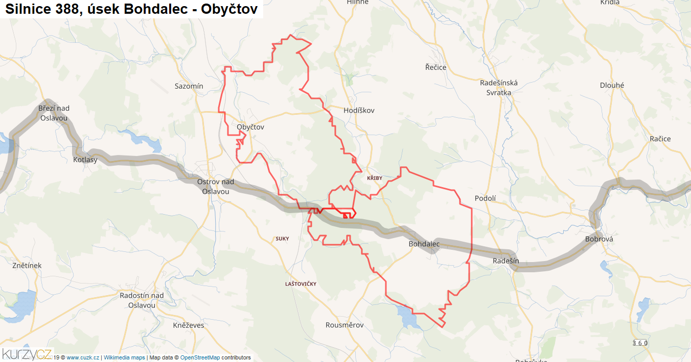 Úsek Bohdalec - Obyčtov, Silnice 388 - Mapa