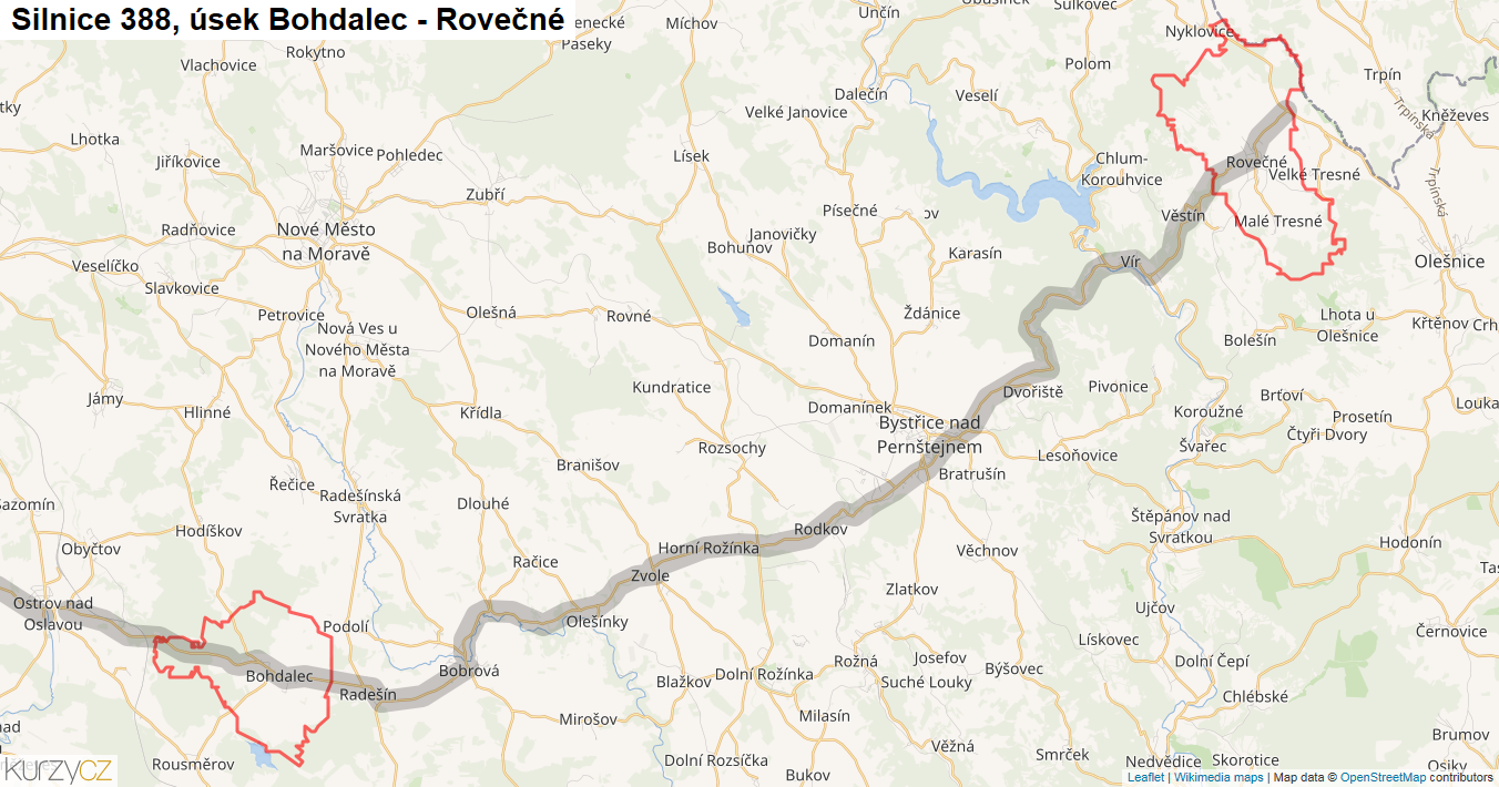 Úsek Bohdalec - Rovečné, Silnice 388 - Mapa
