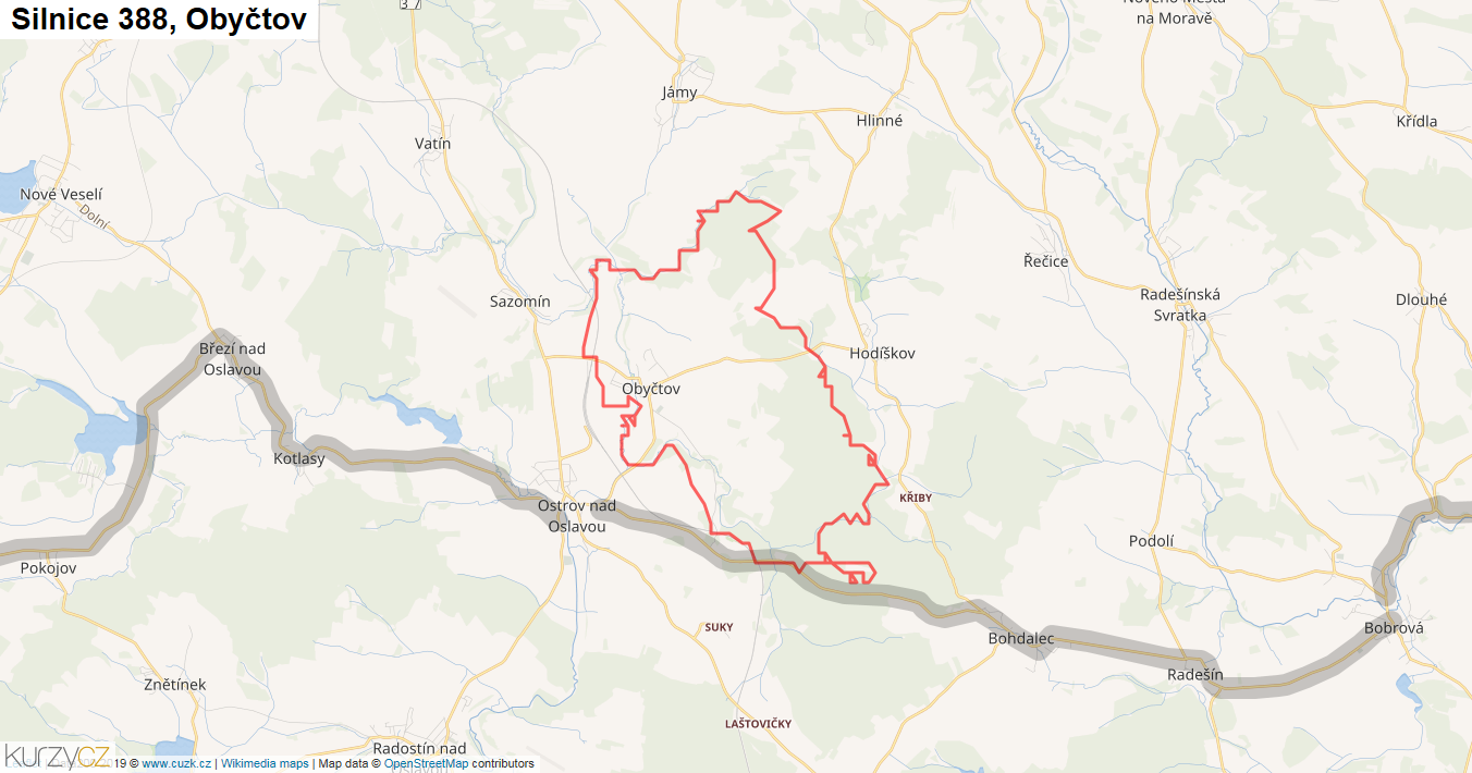 Obyčtov, Silnice 388 - Mapa