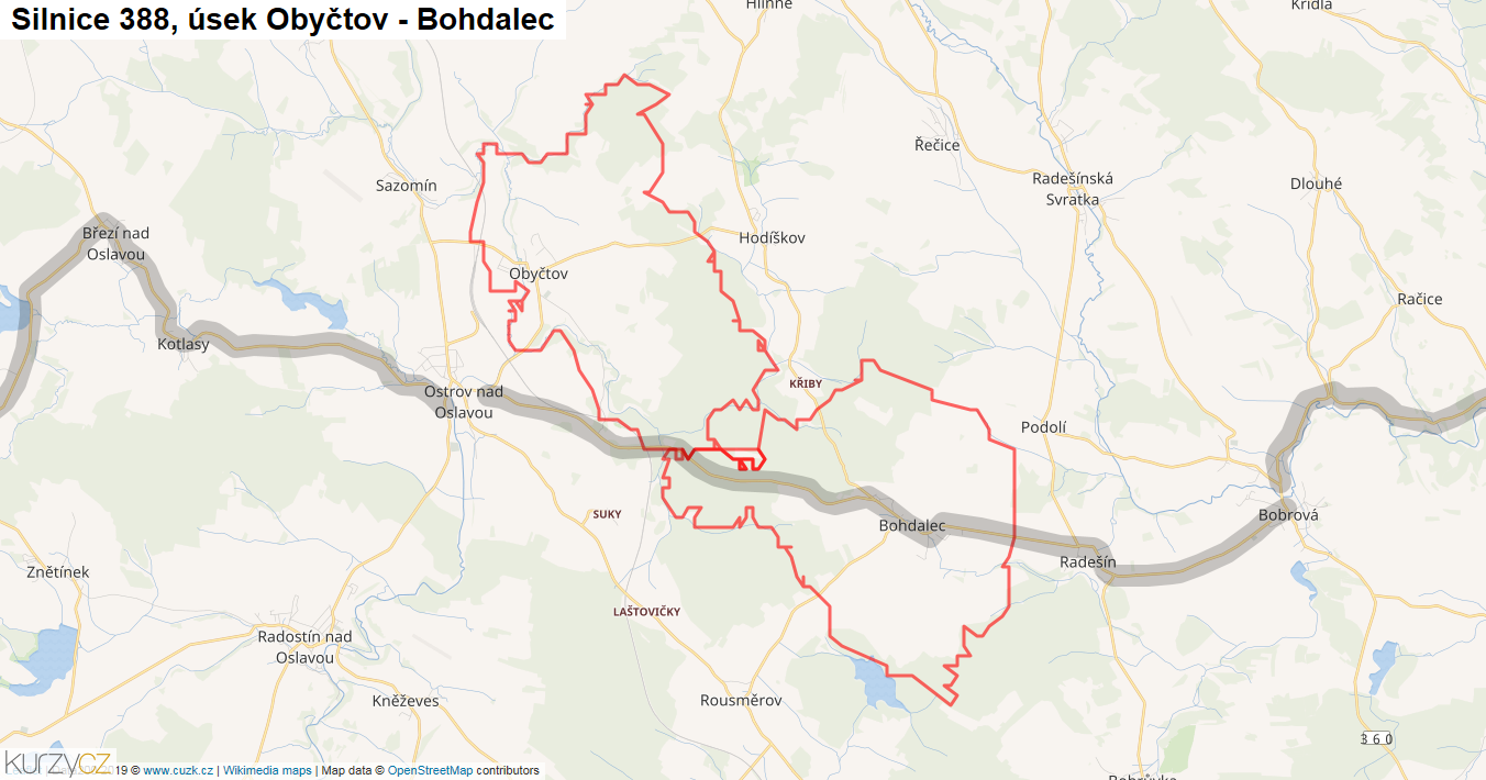 Úsek Obyčtov - Bohdalec, Silnice 388 - Mapa