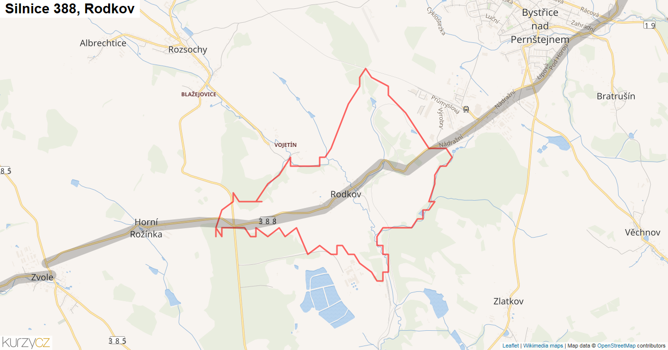 Rodkov, Silnice 388 - Mapa
