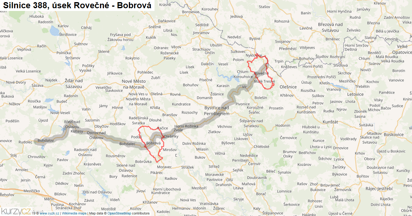 Úsek Rovečné - Bobrová, Silnice 388 - Mapa