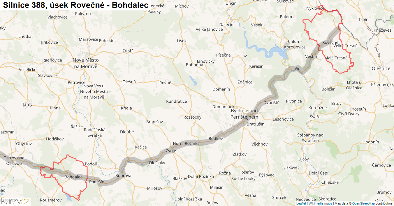 Úsek Rovečné - Bohdalec, Silnice 388 - Mapa