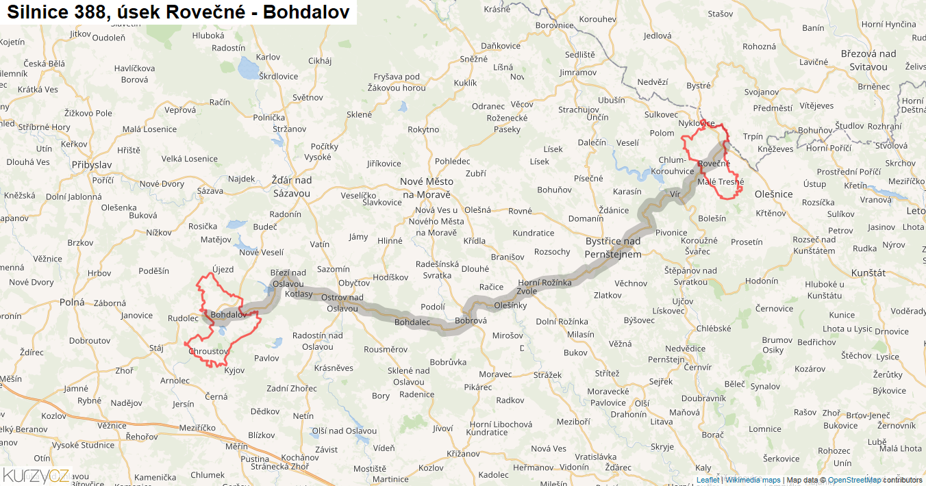 Úsek Rovečné - Bohdalov, Silnice 388 - Mapa
