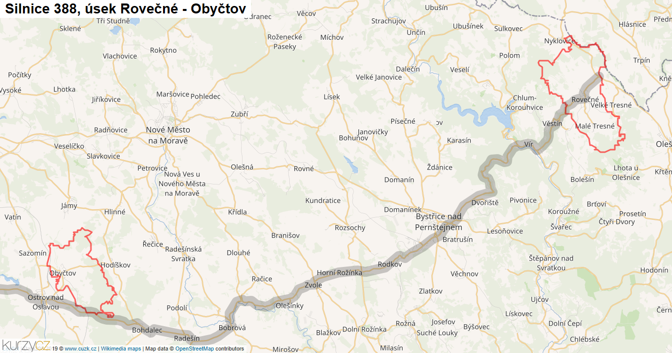 Úsek Rovečné - Obyčtov, Silnice 388 - Mapa